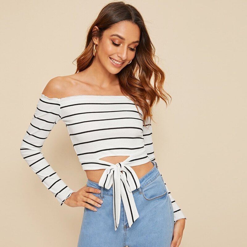 

Striped Lettuce Trim Tie Front Top, White
