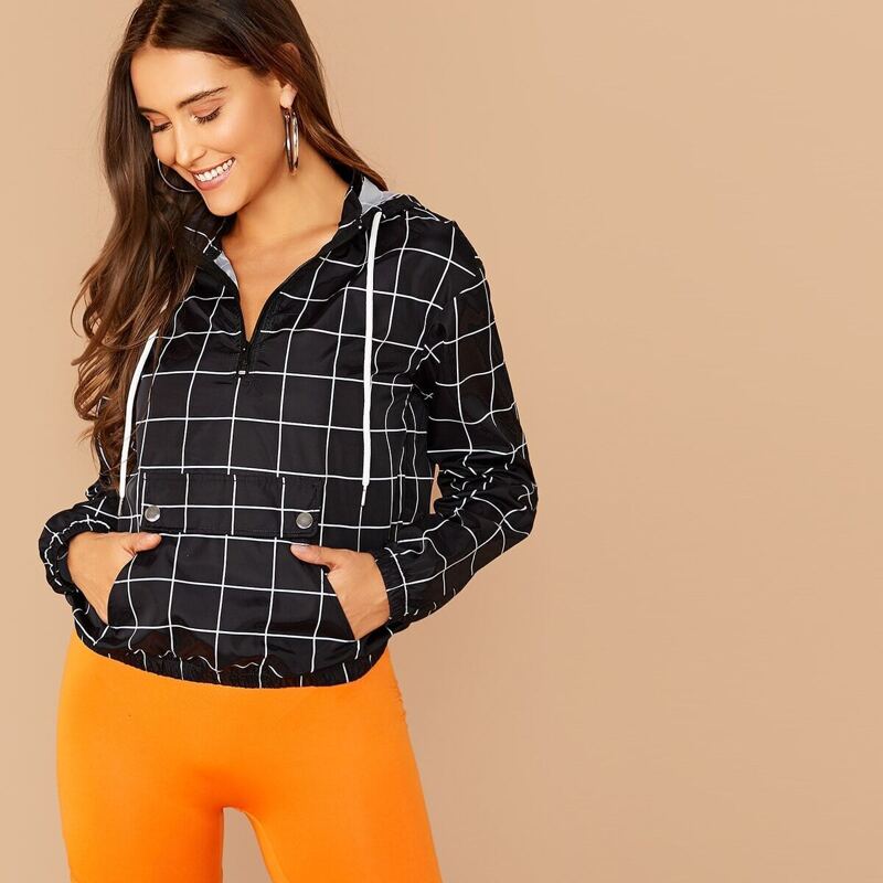 

Zip Half Placket Pocket Front Grid Hooded Jacket, Black