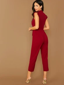 SHEIN Privé 小高領荷葉邊袖自腰帶連身長褲 - 酒紅色 - 查看 2