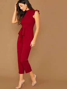 SHEIN Privé 小高領荷葉邊袖自腰帶連身長褲 - 酒紅色 - 查看 3