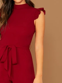 SHEIN Privé 小高領荷葉邊袖自腰帶連身長褲 - 酒紅色 - 查看 4