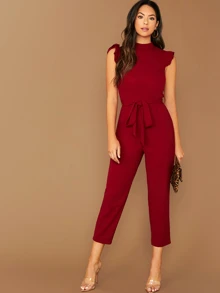 SHEIN Privé 小高領荷葉邊袖自腰帶連身長褲 - 酒紅色 - 查看 5