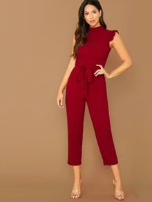 SHEIN Privé 小高領荷葉邊袖自腰帶連身長褲 - 酒紅色 - 查看 1