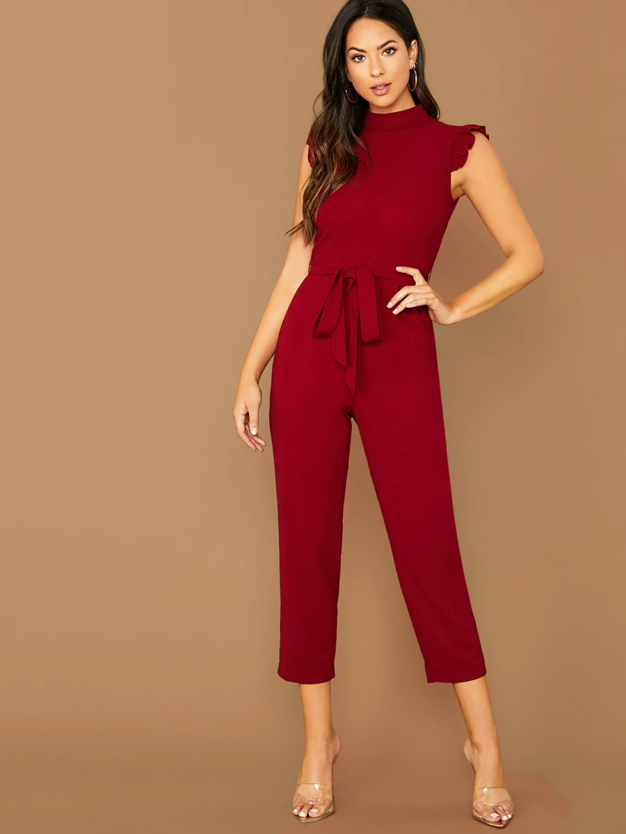 SHEIN Privé 小高領荷葉邊袖自腰帶連身長褲 - 酒紅色 - 查看 1