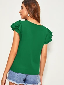 SHEIN Clasi Top de cuello cortado V de manga mariposa a capas - Verde - Ver 2