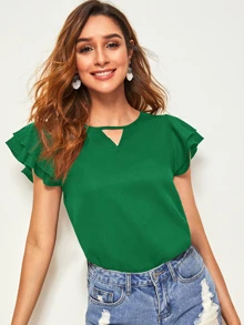 SHEIN Clasi Top de cuello cortado V de manga mariposa a capas - Verde - Ver 3