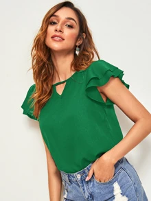 SHEIN Clasi Top de cuello cortado V de manga mariposa a capas - Verde - Ver 4