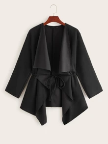 SHEIN Waterfall Collar Asymmetrical Hem Coat With Belt - Black - View 1