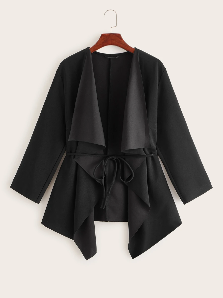 SHEIN Waterfall Collar Asymmetrical Hem Coat With Belt - Black - View 1