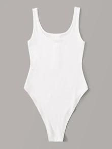 SHEIN EZwear Button Front Rib-knit Tank Bodysuit - White - View 2