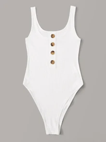 SHEIN EZwear Button Front Rib-knit Tank Bodysuit - White - View 3