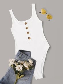 SHEIN EZwear Button Front Rib-knit Tank Bodysuit - White - View 1