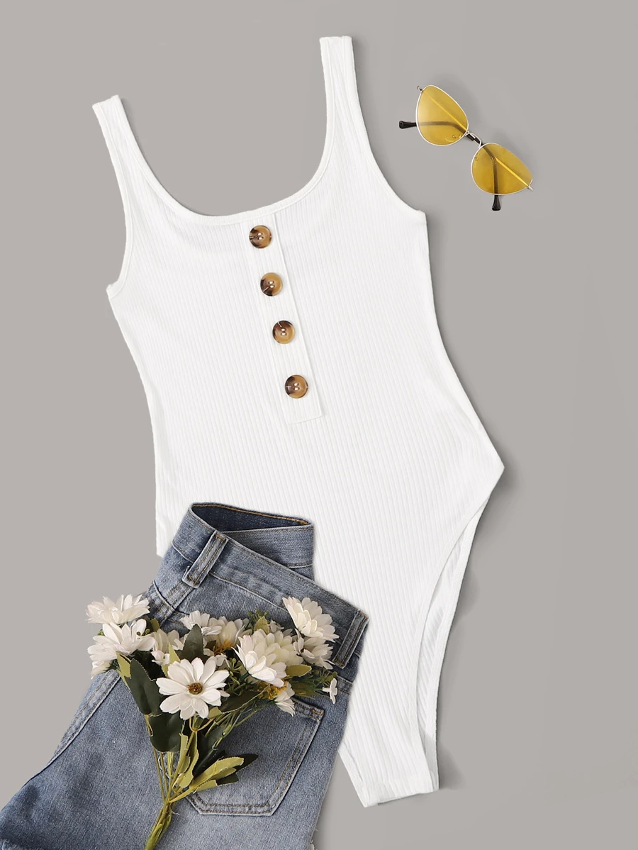 SHEIN EZwear Button Front Rib-knit Tank Bodysuit - White - View 1