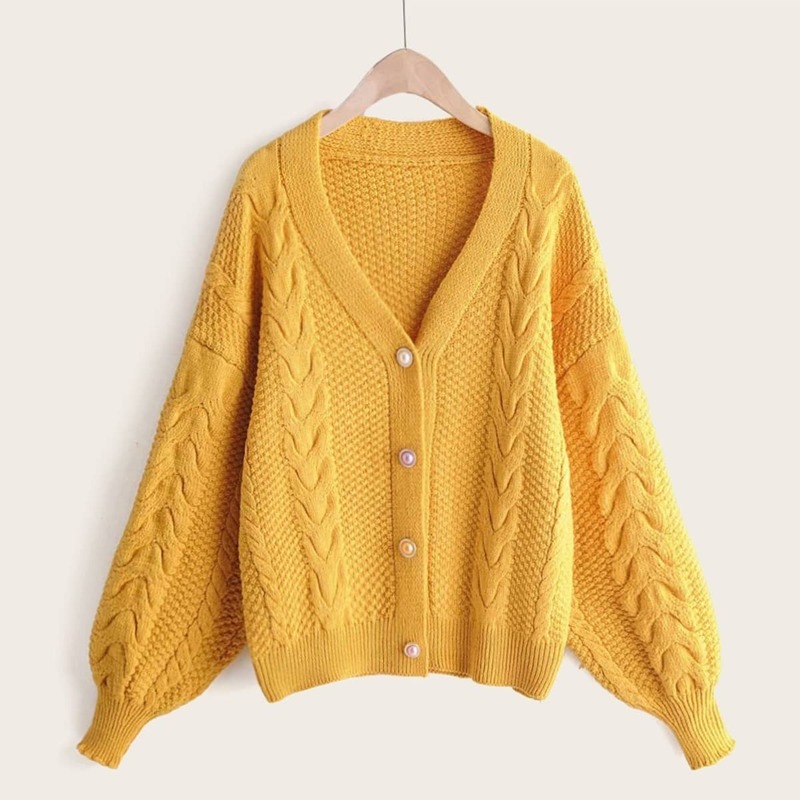 

V-Neck Twist Cable Knit Cardigan, Yellow