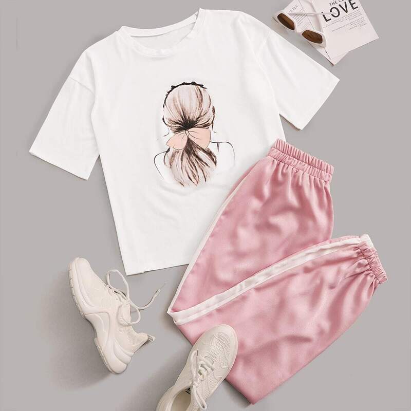 

Figure Print Tee With Drawstring Waist Pants, Multicolor