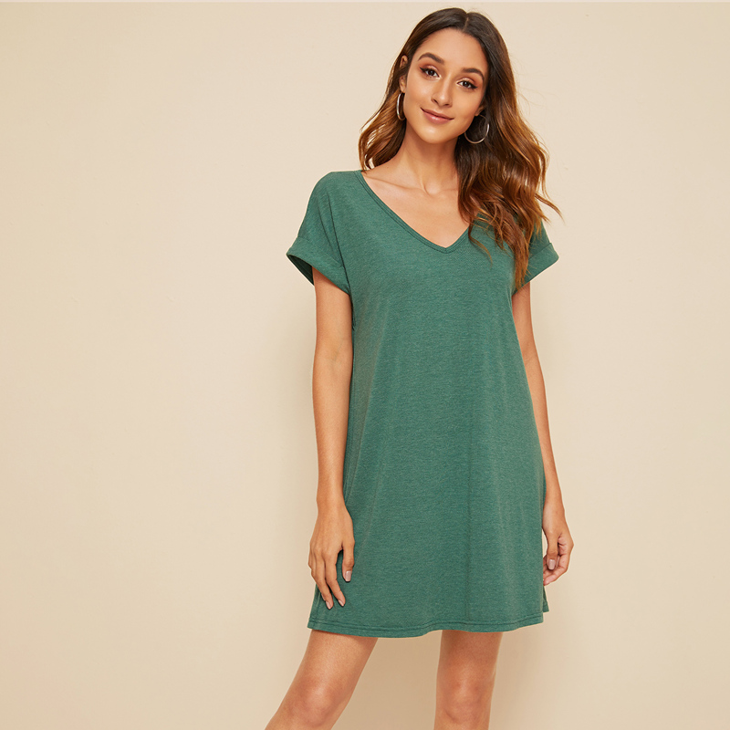 

Solid Roll Up Sleeve T-shirt Dress, Green
