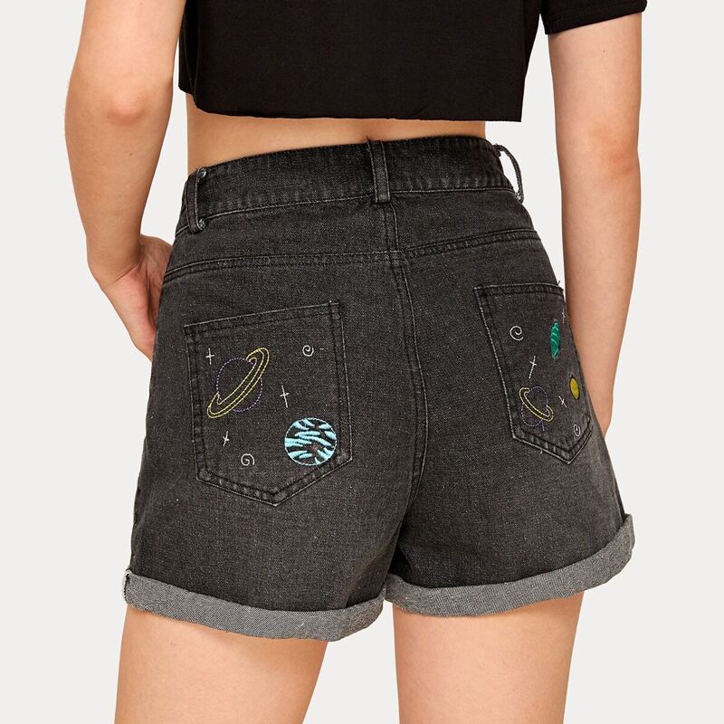

Rolled Hem Cartoon Embroidery Denim Shorts, Black