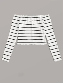 SHEIN Lettuce Trim Striped Bardot Top - White - View 2