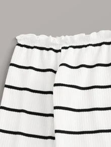 SHEIN Lettuce Trim Striped Bardot Top - White - View 3