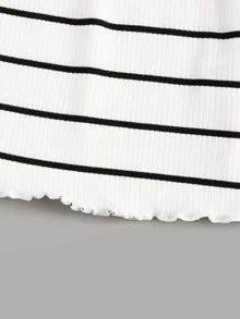 SHEIN Lettuce Trim Striped Bardot Top - White - View 4