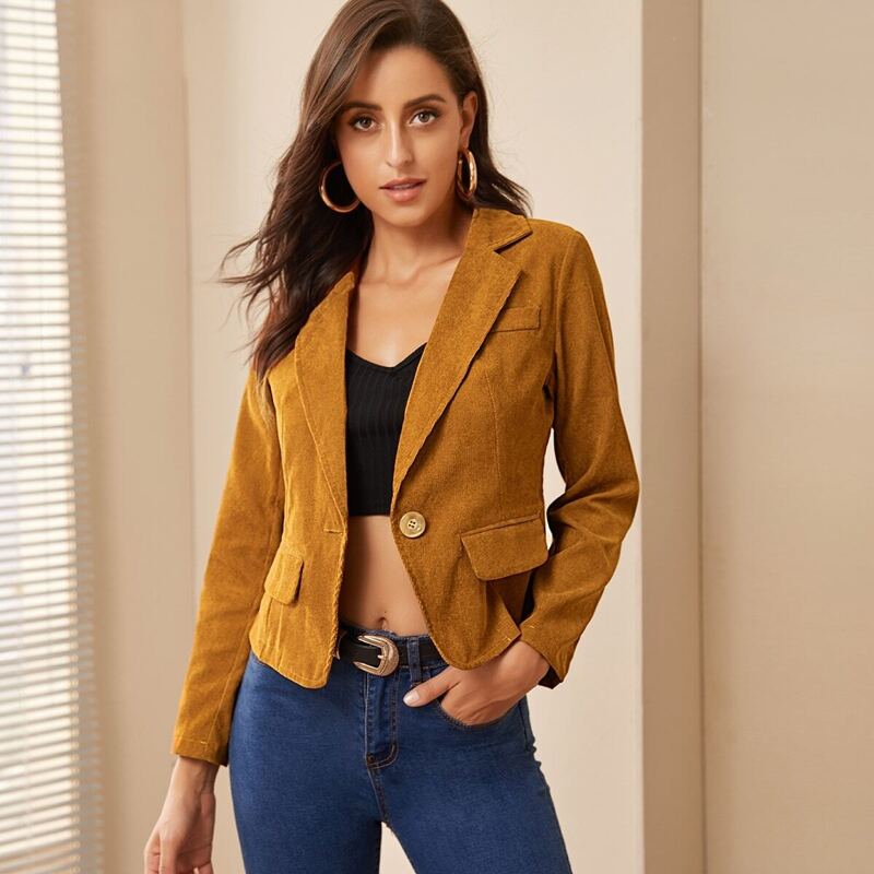 

Notched Collar Pocket Side Corduroy Jacket, Yellow