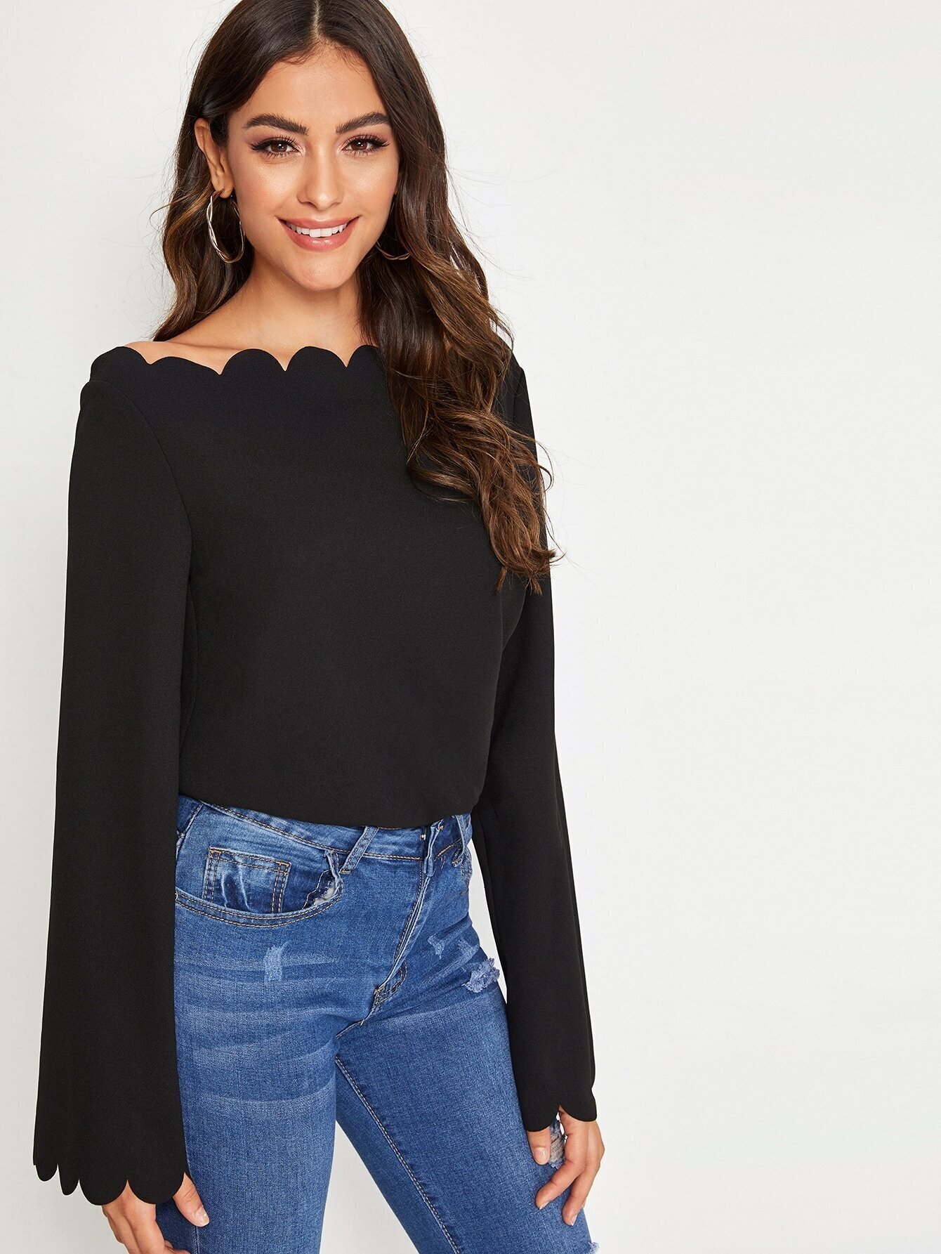 off shoulder scallop trim flare sleeve top
