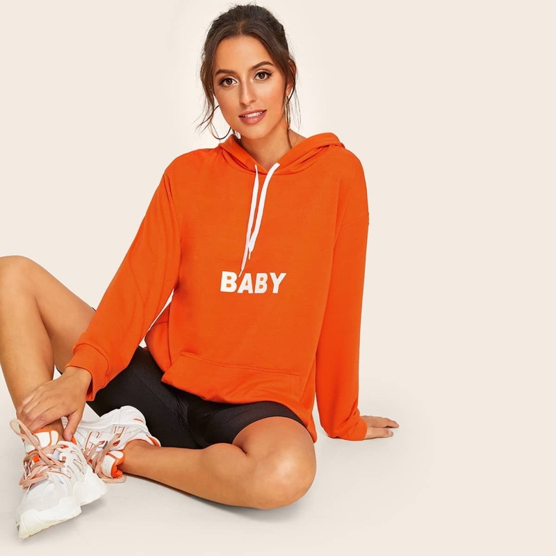 

Neon Orange Letter Print Drawstring Hoodie, Orange bright