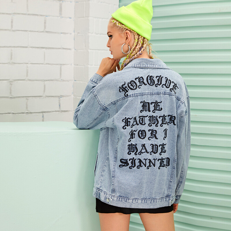 

Letter Print Back Button Front Denim Jacket, Blue