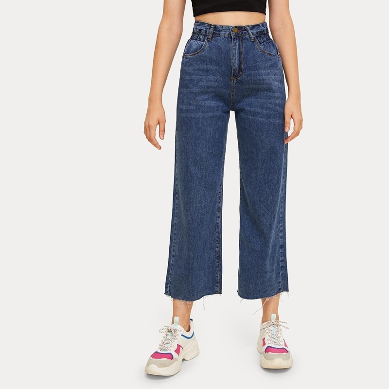 

Button Fly Pocket Side Wide Leg Jeans, Navy