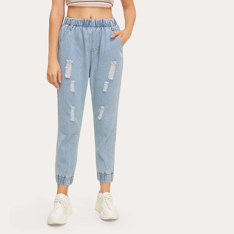

Pocket Side Ripped Crop Jeans, Blue pastel