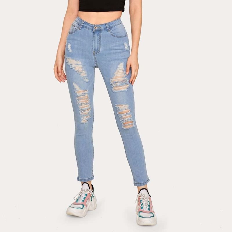 

Button Fly Ripped Skinny Jeans, Blue pastel