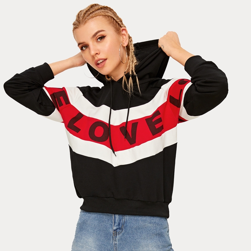 

Contrast Panel Letter Print Drawstring Hoodie, Black