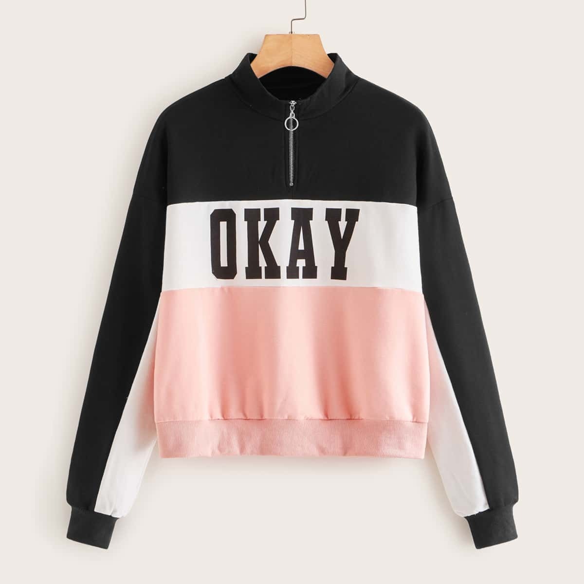 

O-ring Zip Front Cut And Sew Letter Print Sweatshirt, Multicolor