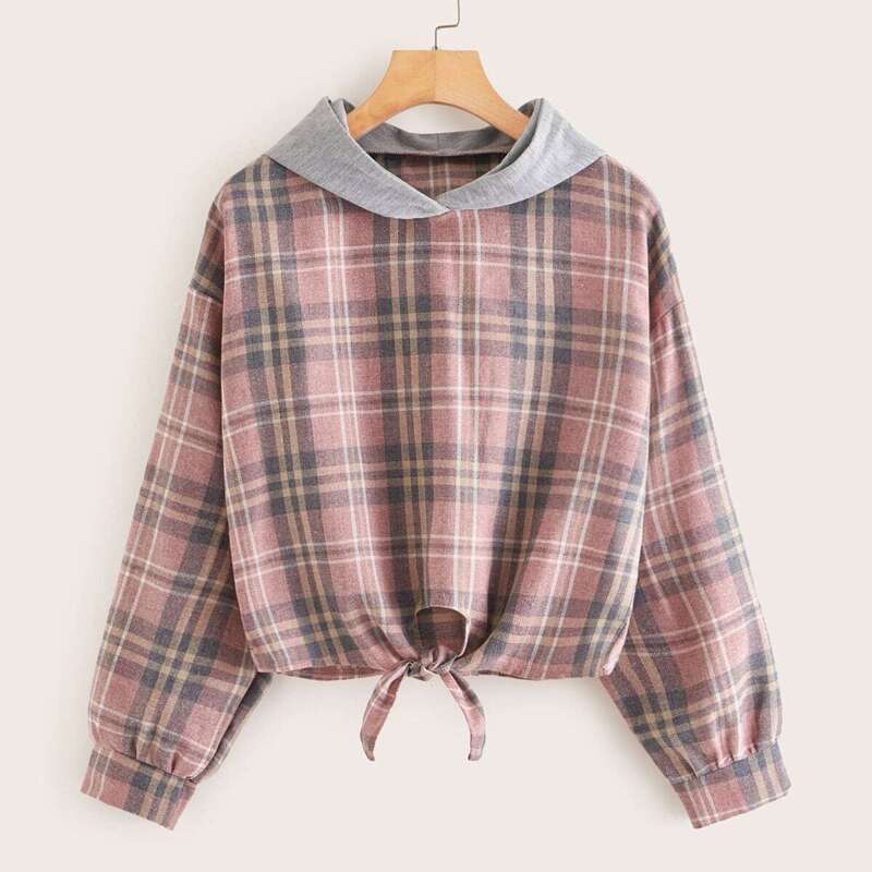 

Contrast Panel Plaid Tie Front Sweatshirt, Multicolor