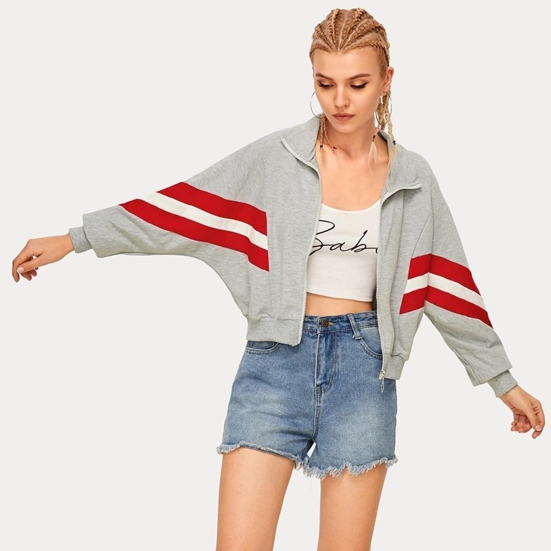 

O-ring Zip Front Contrast Panel Sweatshirt, Grey