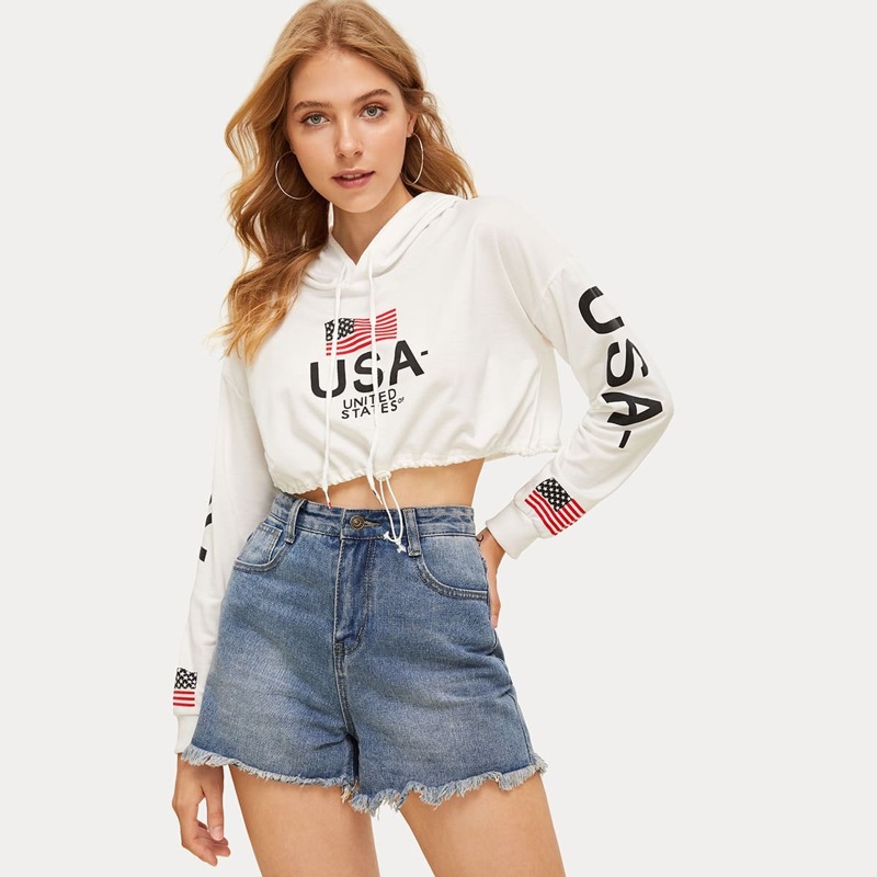 

Letter & American Flag Print Drawstring Detail Crop Hoodie, White