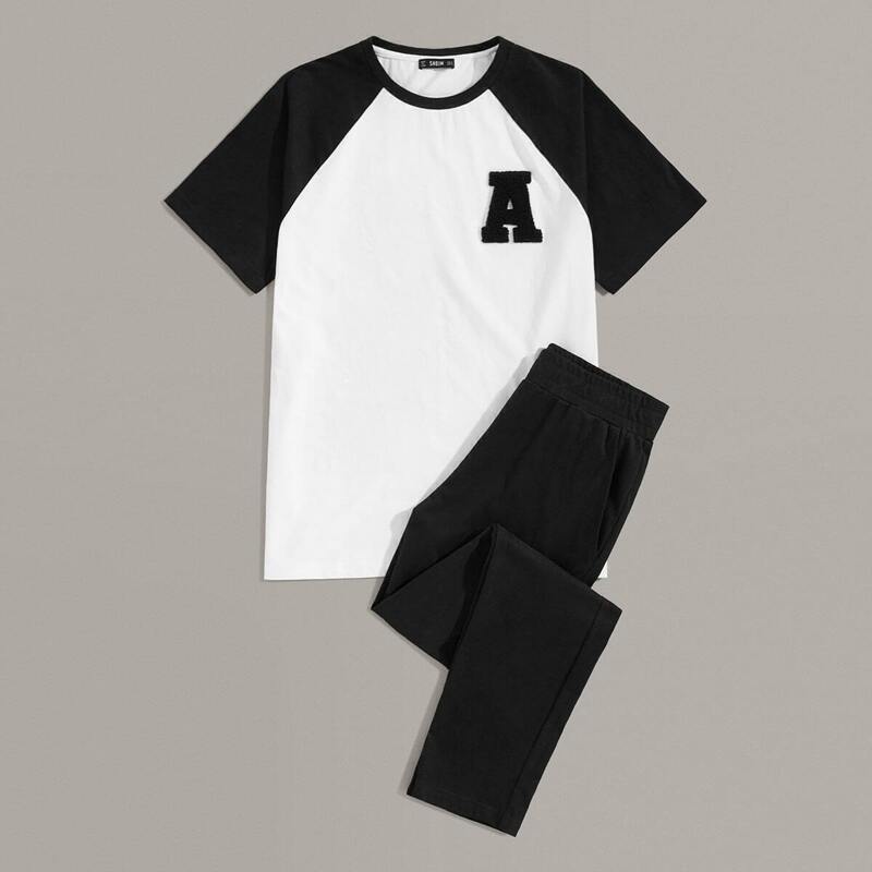 

Guys Letter Applique Raglan Sleeve Tee and Pants PJ Set, Black and white