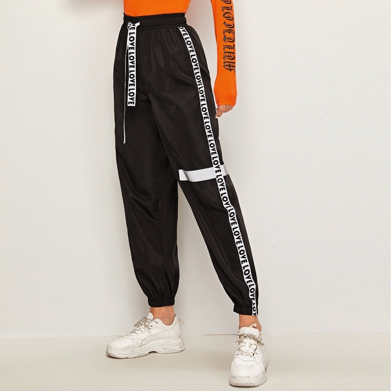 

Letter Tape Detail Drawstring Waist Wind Pants, Black