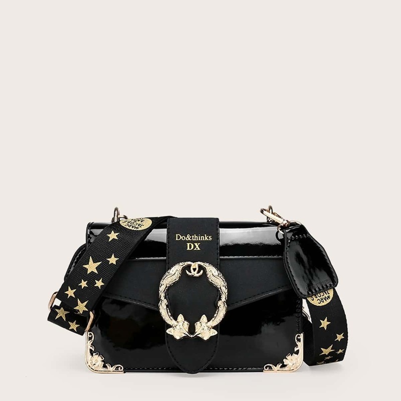 

Metal Detail Crossbody Bag With Star Print Strap, Black