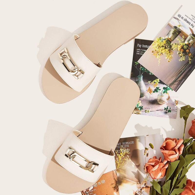 

Metal Decor Open Toe Sliders, Khaki
