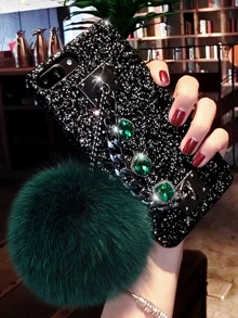 带手机挂饰毛球吊坠亮片手机壳，兼容 15/15Plus/15Pro/15Pro Max，国际版，非国内版 - 黑色 - 查看 3