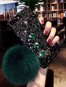 带手机挂饰毛球吊坠亮片手机壳，兼容 15/15Plus/15Pro/15Pro Max，国际版，非国内版 - 黑色 - 查看 1