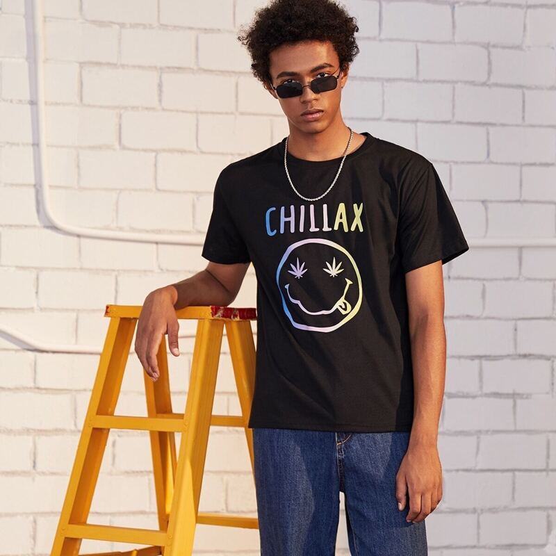 

Guys Cartoon & Letter Print Tee, Black