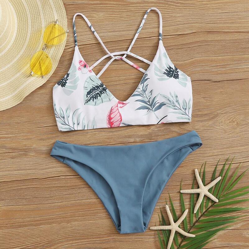 

Tropical Lace Up Top With Cheeky Bikini Set, Multicolor