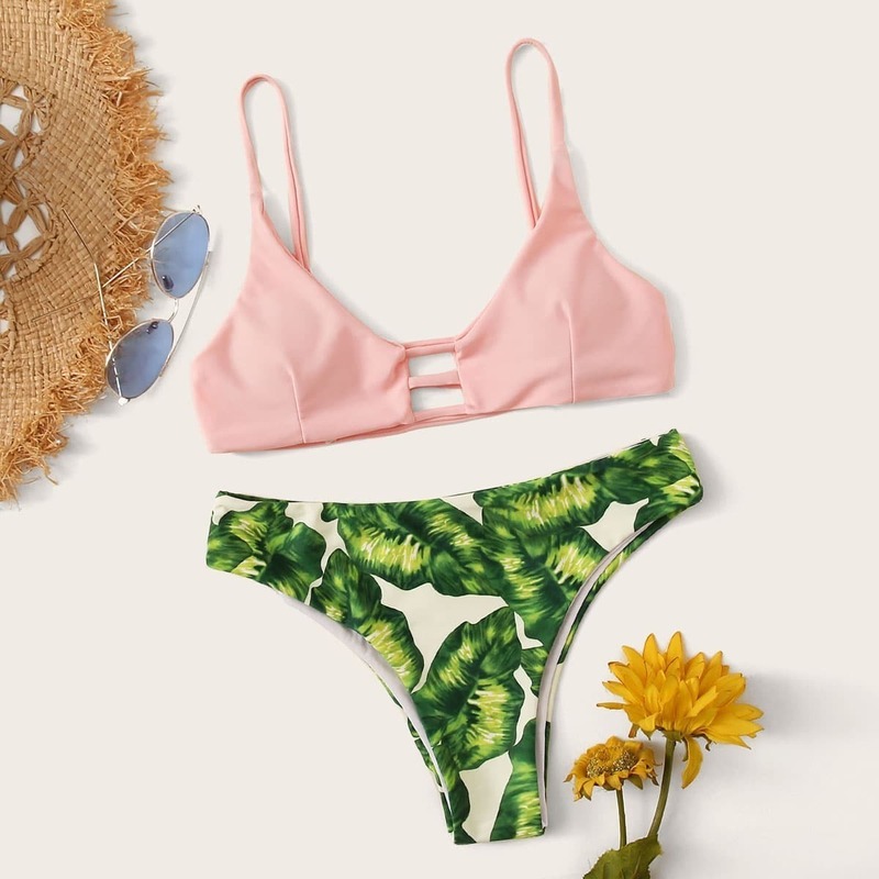 

Ladder Cut Out Top With Tropical Bikini Set, Multicolor