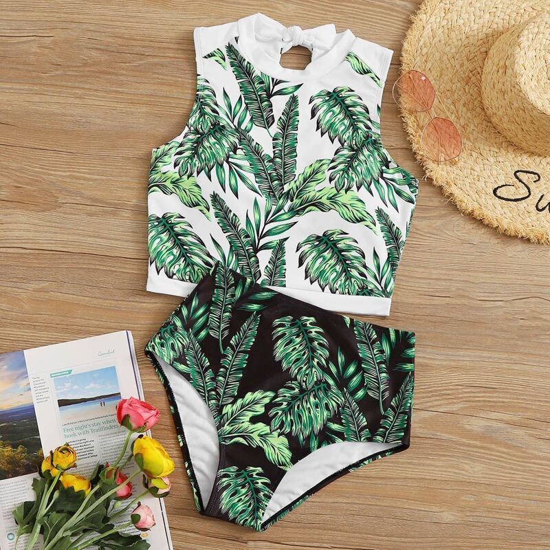 

Tropical Knot Back Top With High Waist Tankini, Multicolor