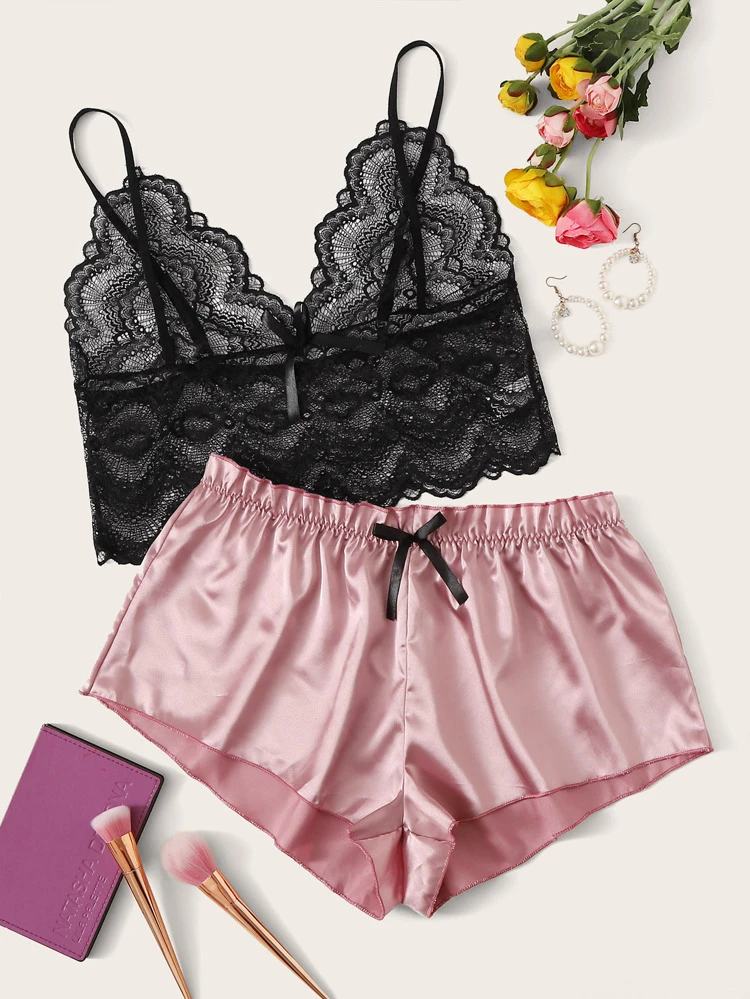 floral lace cami top with satin shorts