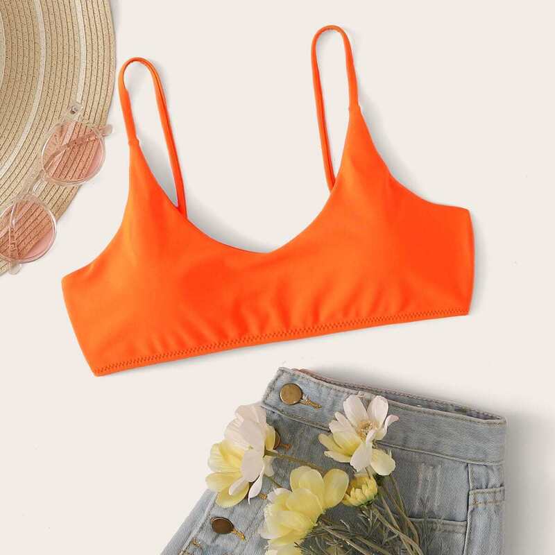 

Neon Orange Spaghetti Strap Bikini Top, Orange bright