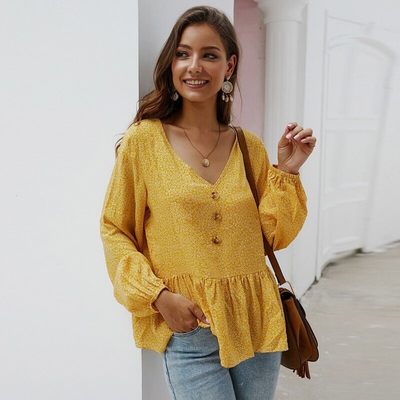 

Ditsy Floral Ruffle Hem Babydoll Blouse, Mustard yellow