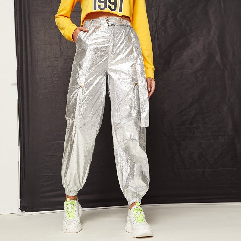 

Pocket Side Metallic Belted Cargo Pants, Grey